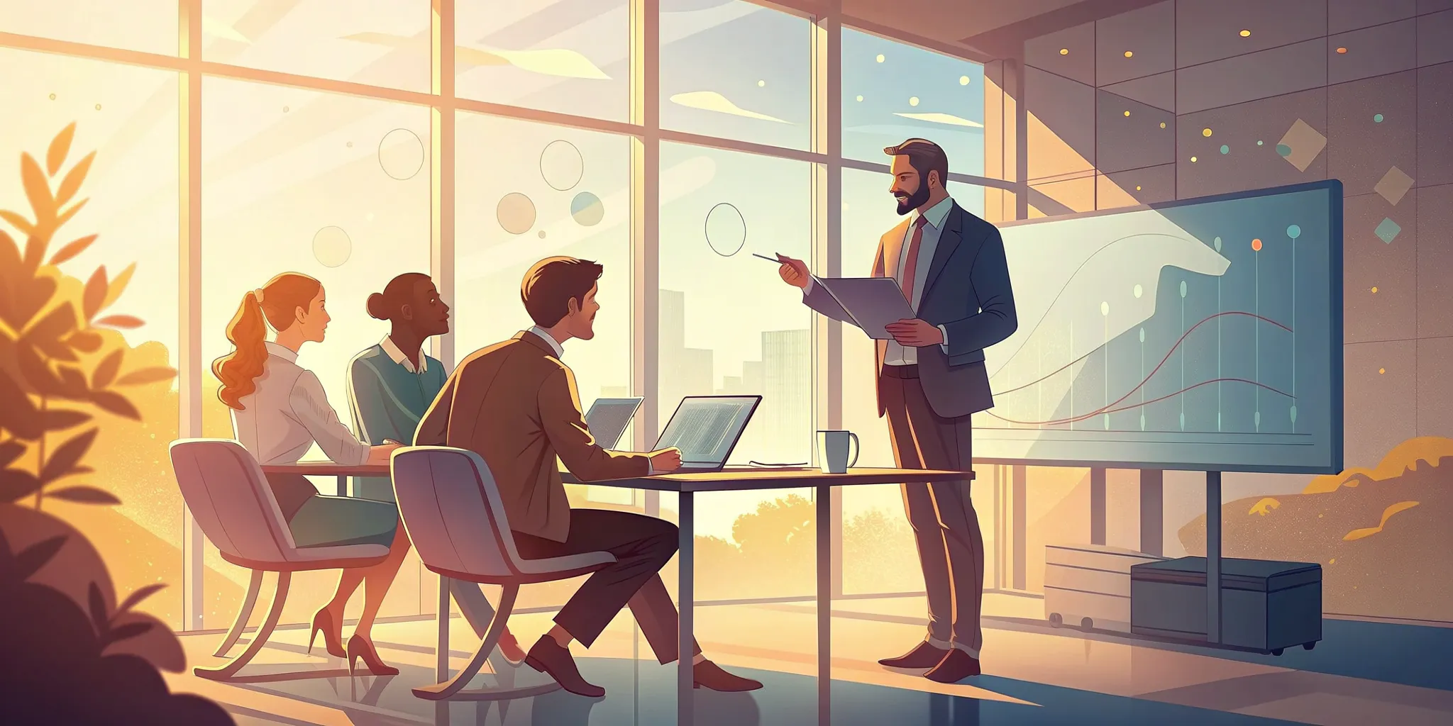 Two B2B marketing leaders presenting a strategic insight to an executive in a modern office