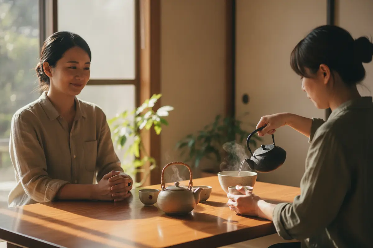 A host preparing tea for guests at an intimate tea table