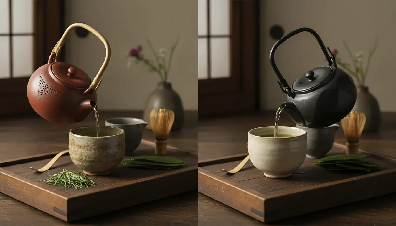 Two kyusu teapots and cups used to compare kabusecha and sencha brewing