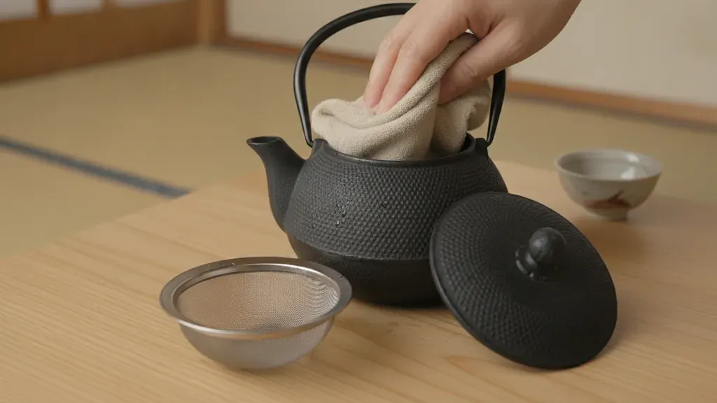 Drying a cast iron teapot after rinsing and removing the infuser