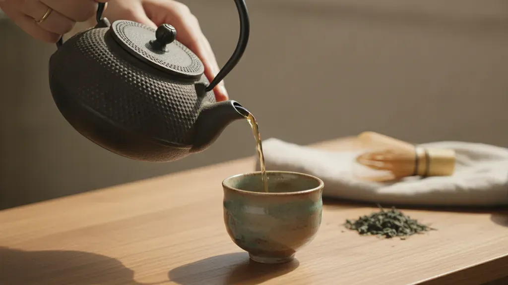 Pouring tea from a cast iron teapot into a ceramic cup