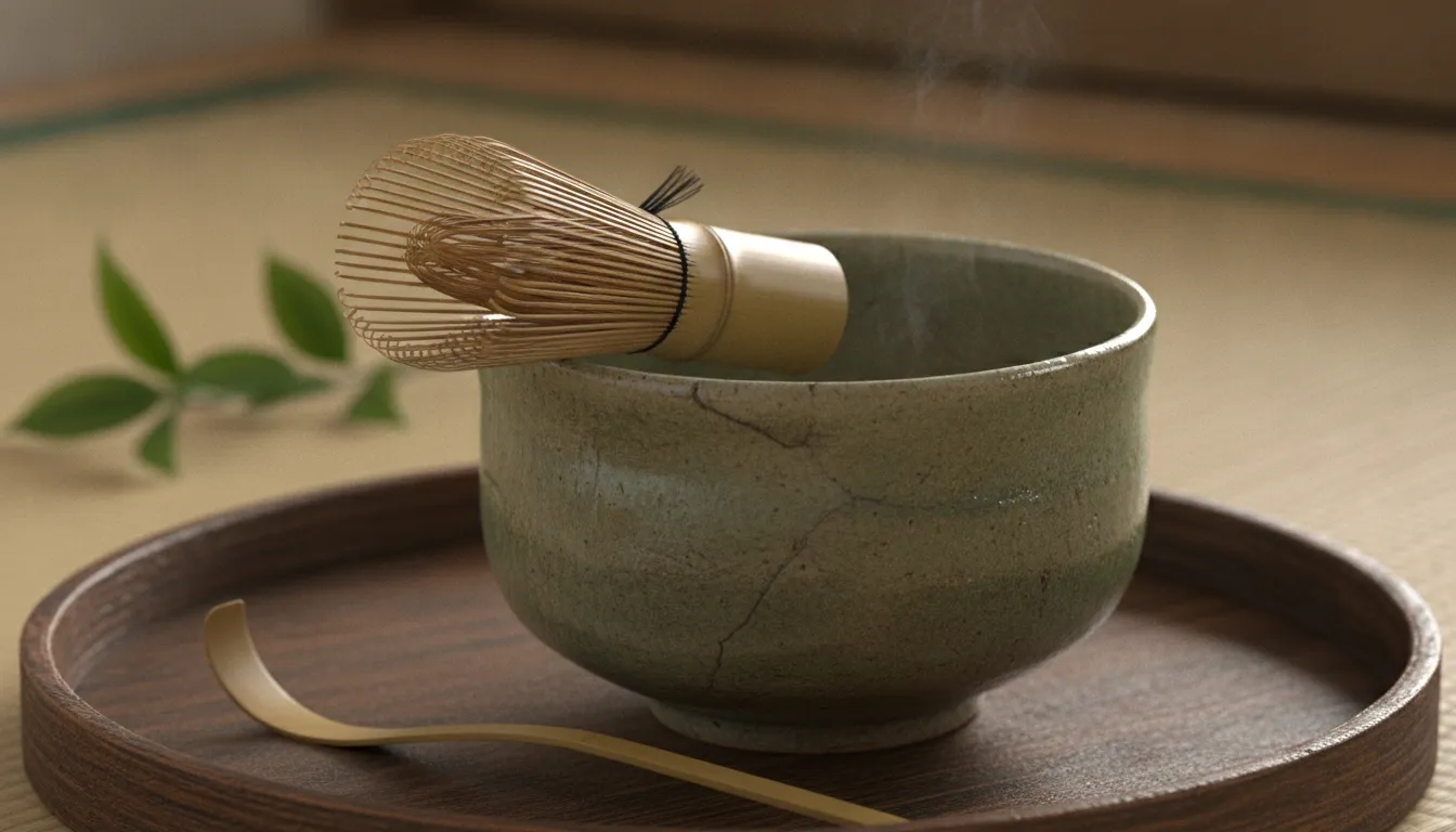 Bamboo chasen resting beside a ceramic matcha bowl