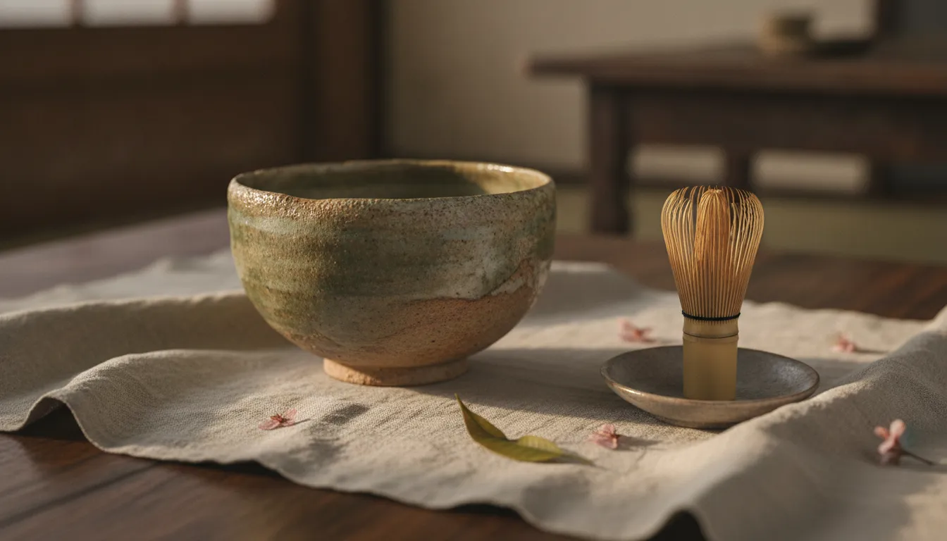 Handmade Japanese chawan and bamboo whisk arranged for tea bowl care