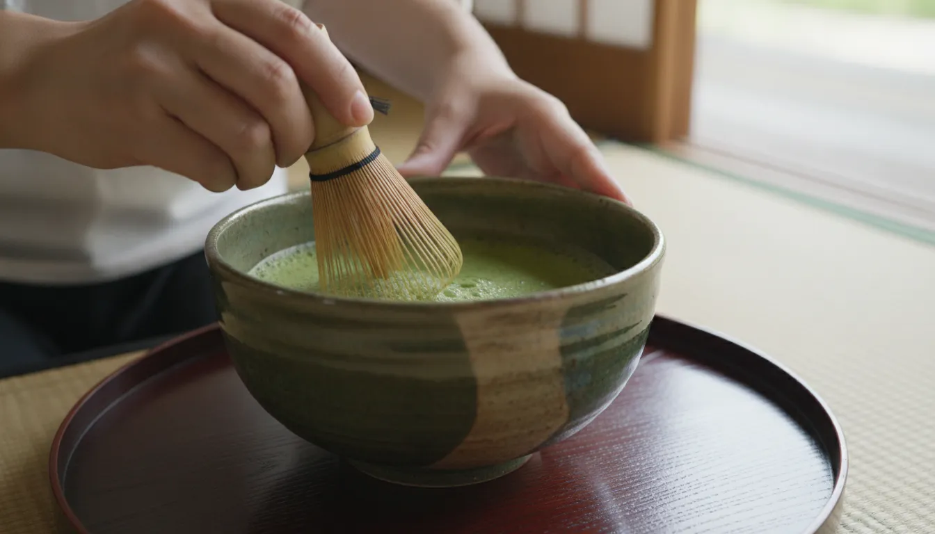 Bamboo whisk preparing matcha inside a wide ceramic chawan