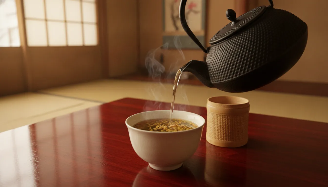 A teapot pouring hot water into a cup of warm, aromatic Genmaicha tea