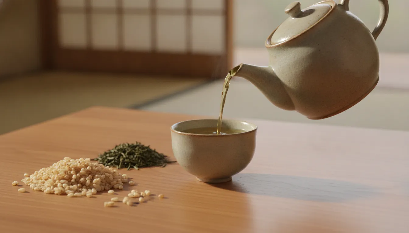 Genmaicha brewing beside roasted brown rice and green tea leaves