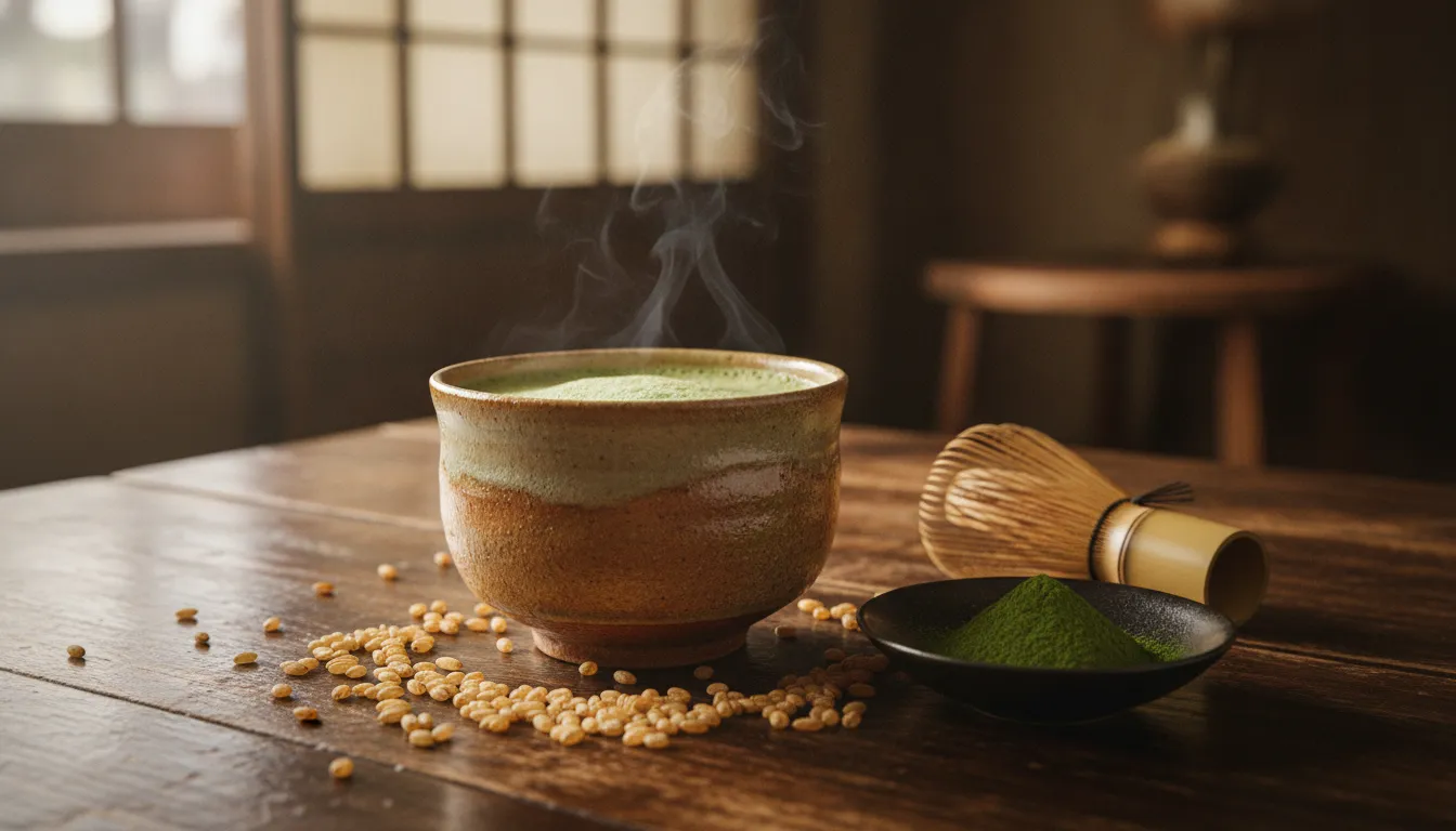 Japanese green tea leaves and roasted rice for reading tea labels