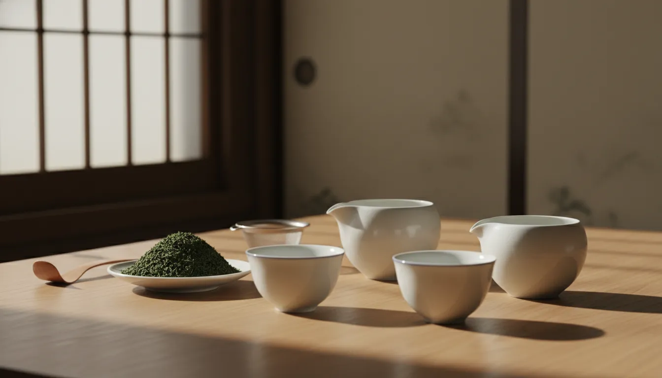 Teaware and loose leaves arranged for a gyokuro brewing ritual