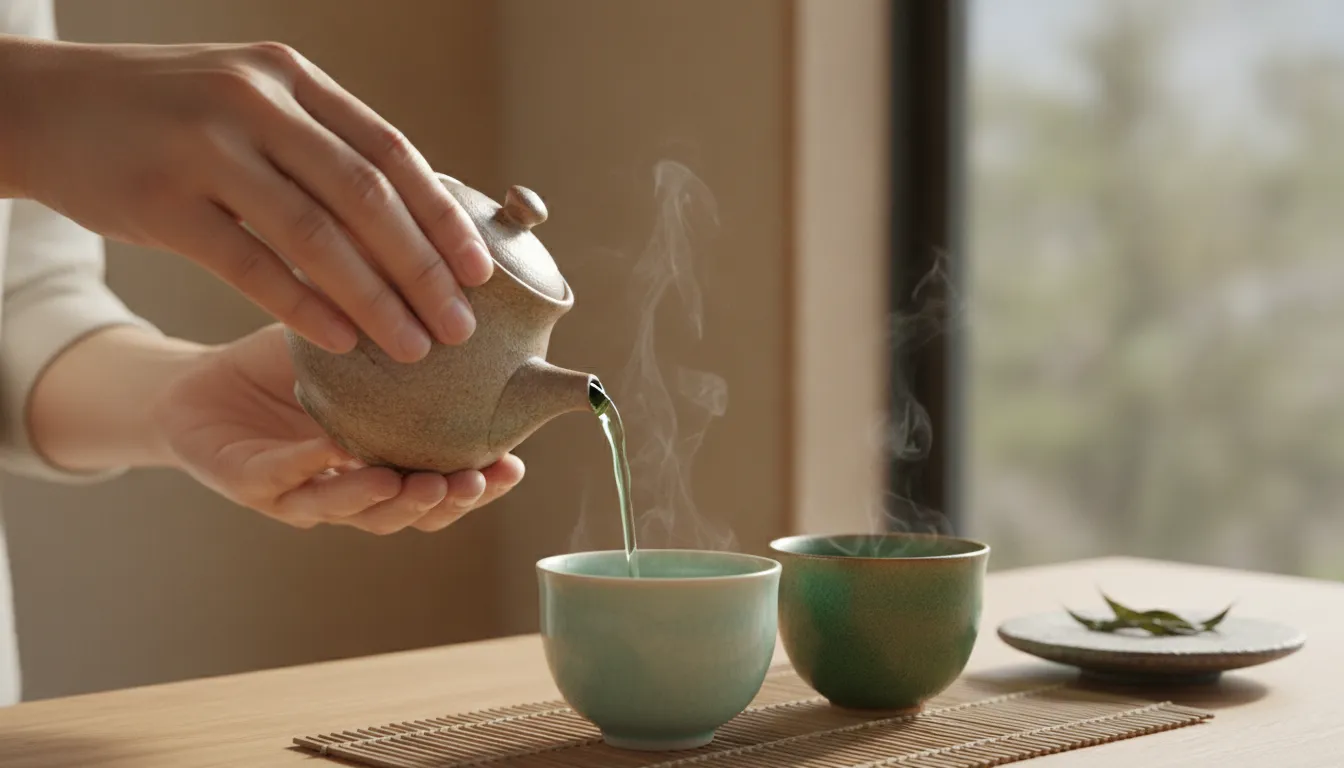 Hands pouring gyokuro into small Japanese tea cups
