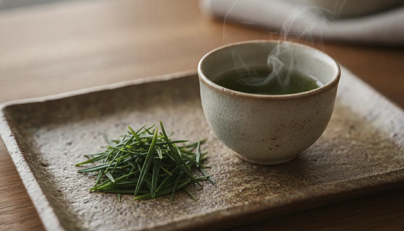 Opened gyokuro leaves and deep green tea liquor