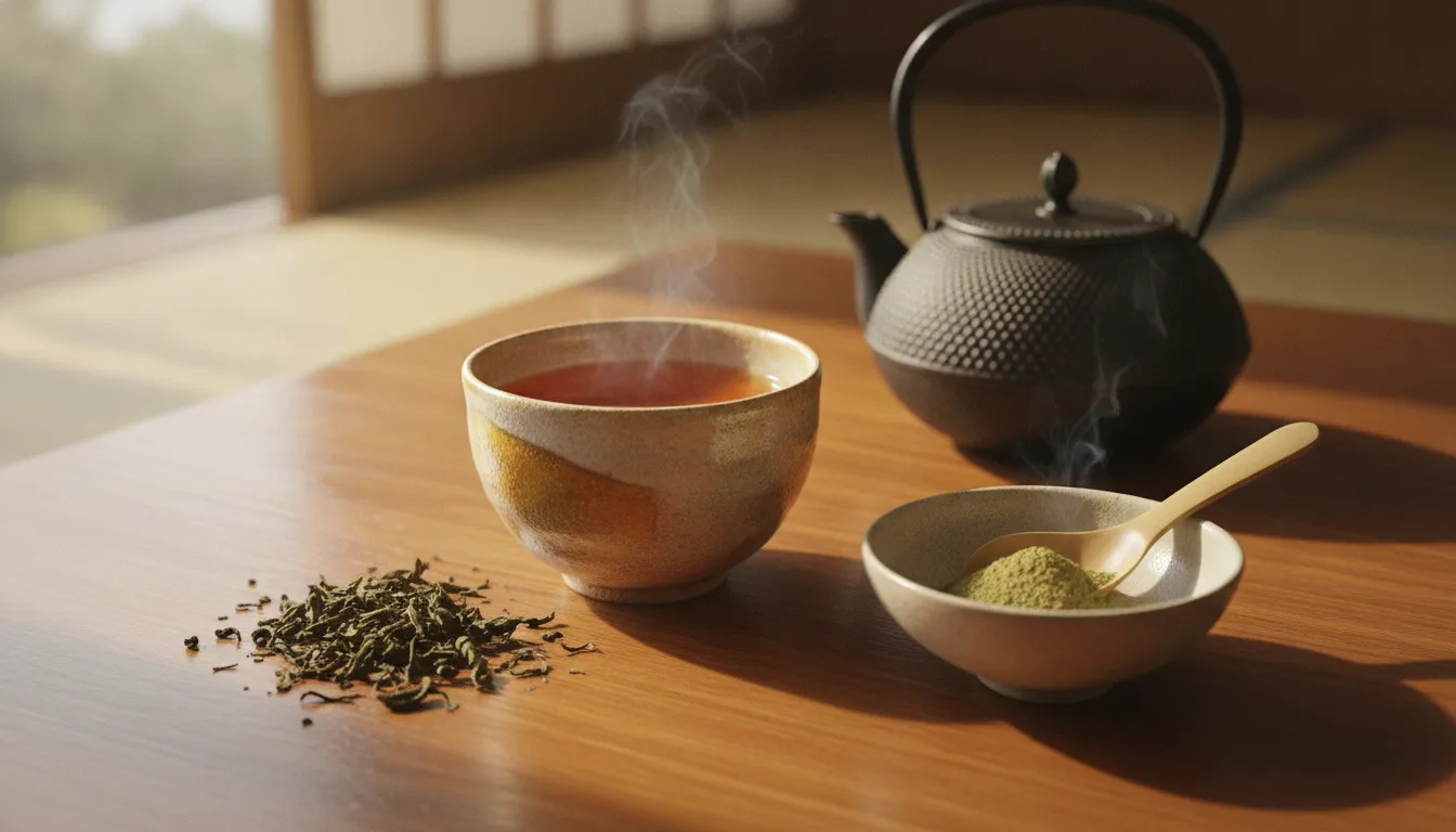 Loose-leaf hojicha and brewing setup with a warm teapot
