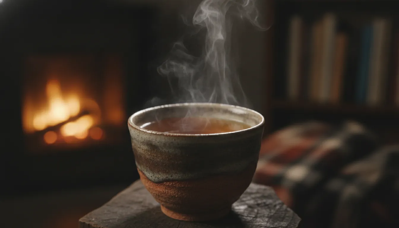 Steaming cup of amber hojicha roasted green tea in a rustic ceramic cup