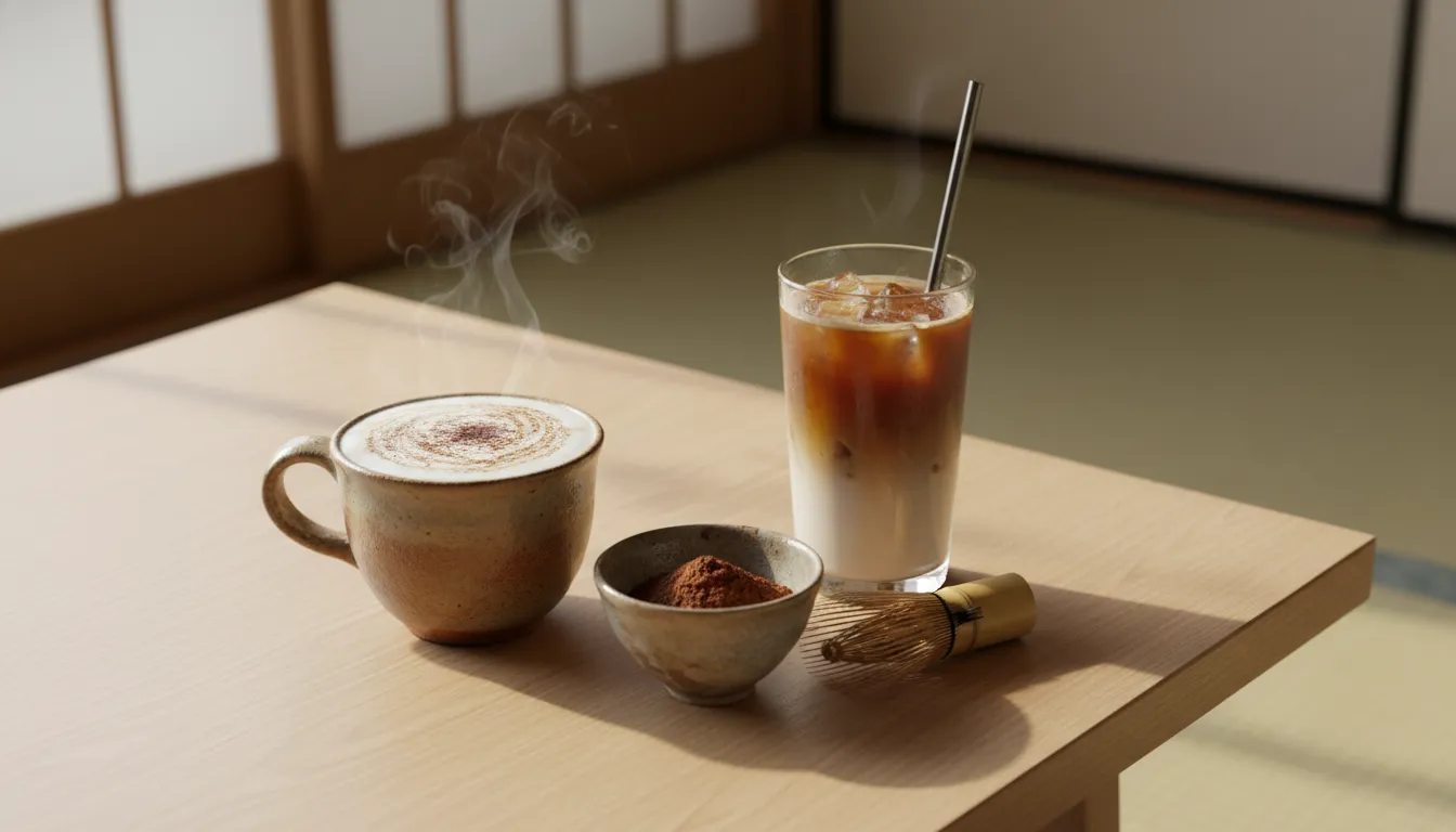 Hot and iced hojicha latte served with roasted tea powder