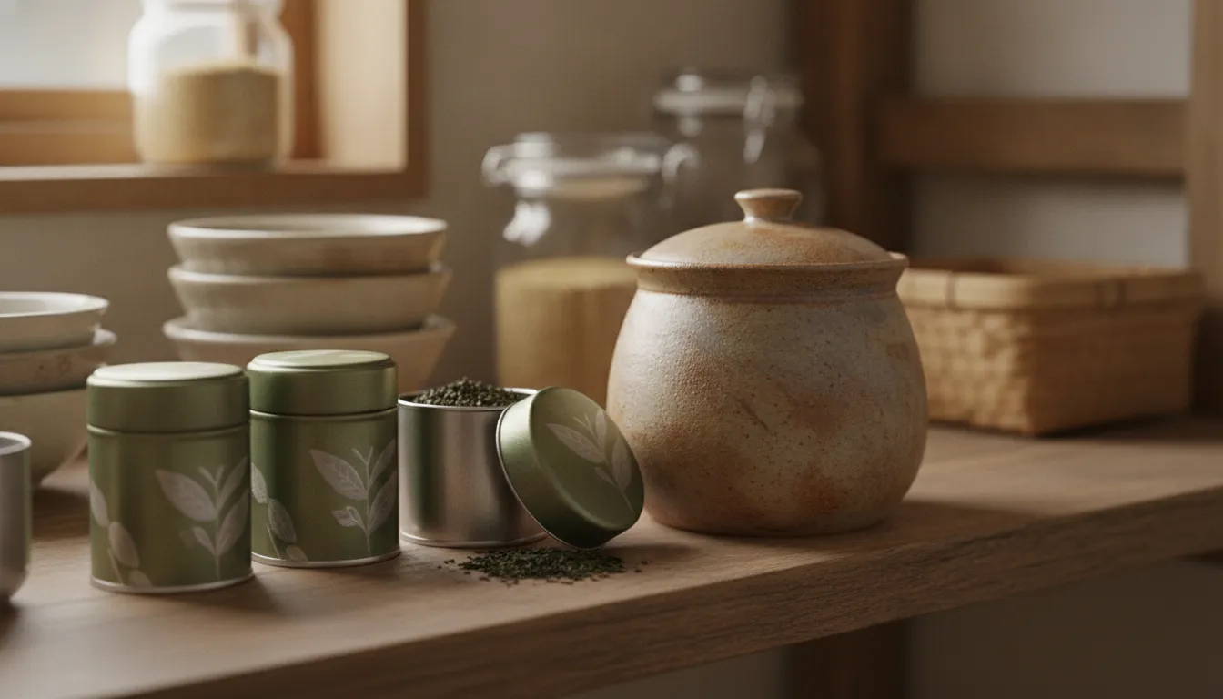 A ceramic tea caddy and tins of Japanese green tea stored on a pantry shelf