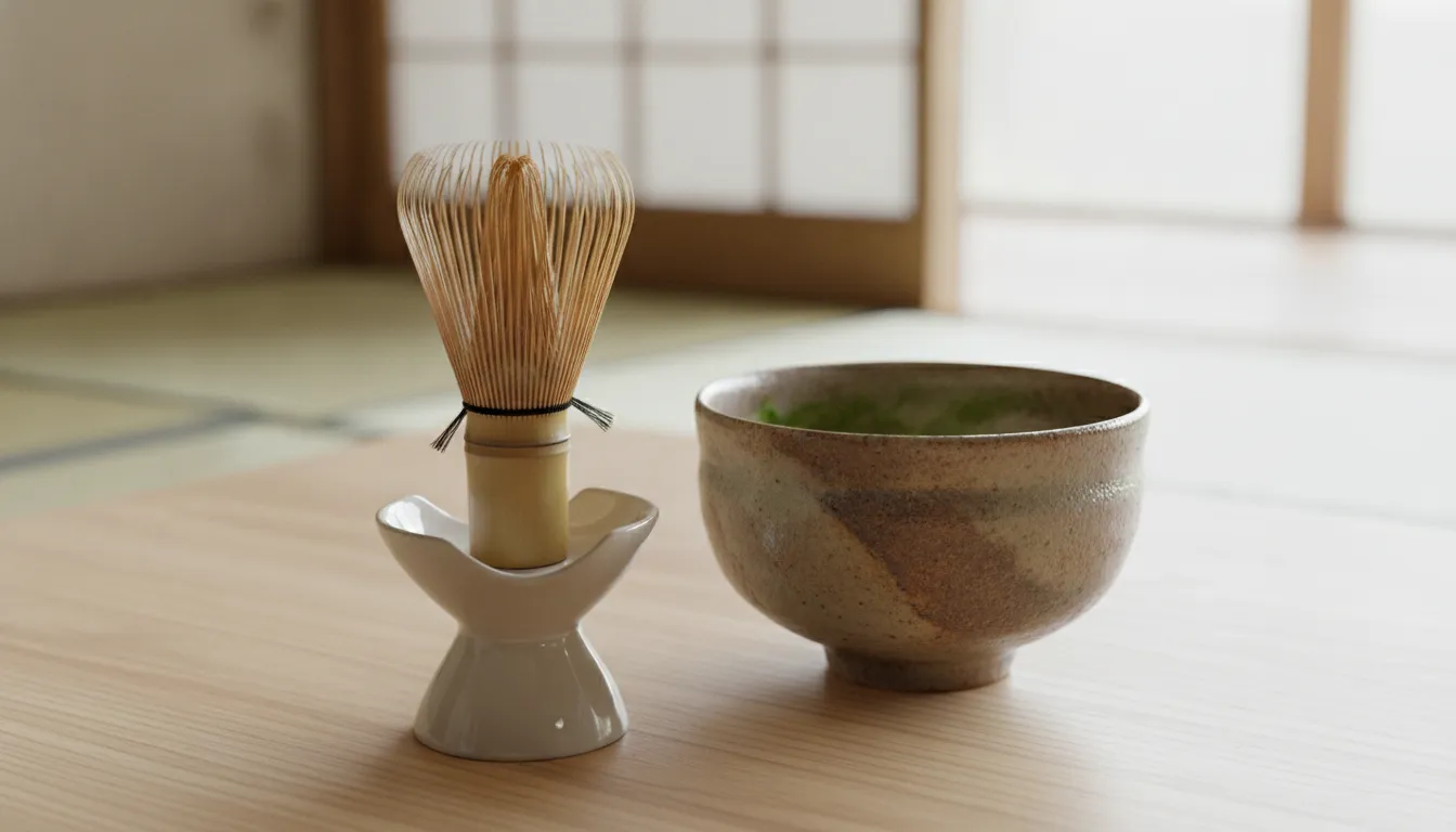 Clean bamboo matcha whisk drying upright on a ceramic whisk holder