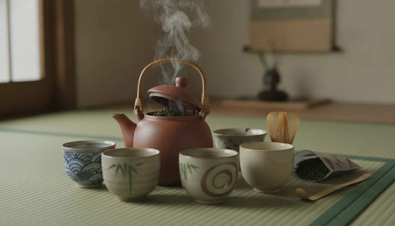 Traditional Japanese kyusu teapot with small yunomi cups arranged on a surface, steam rising from freshly brewed gyokuro