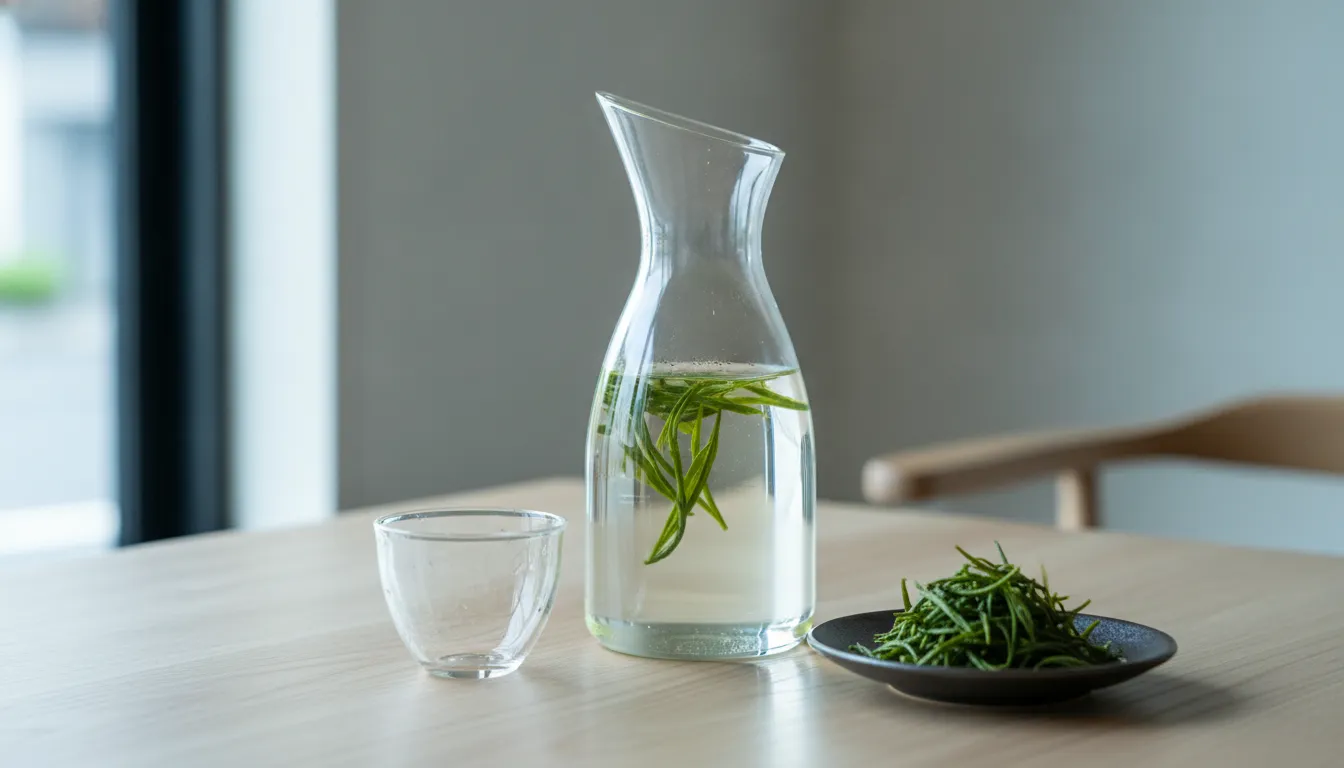 Cold brew gyokuro steeping beside vivid green tea leaves