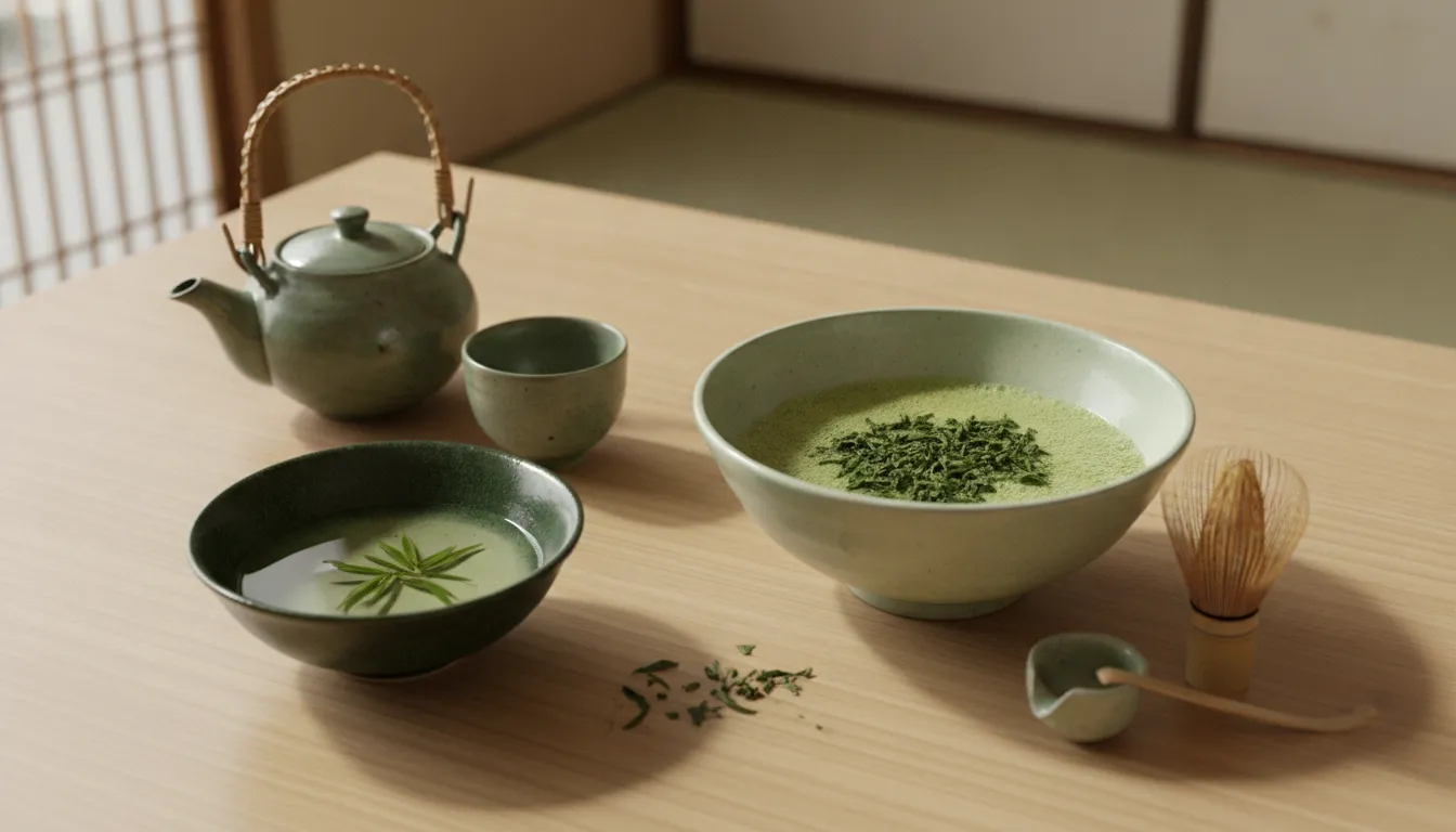 Gyokuro vs sencha Japanese green tea leaves and cups