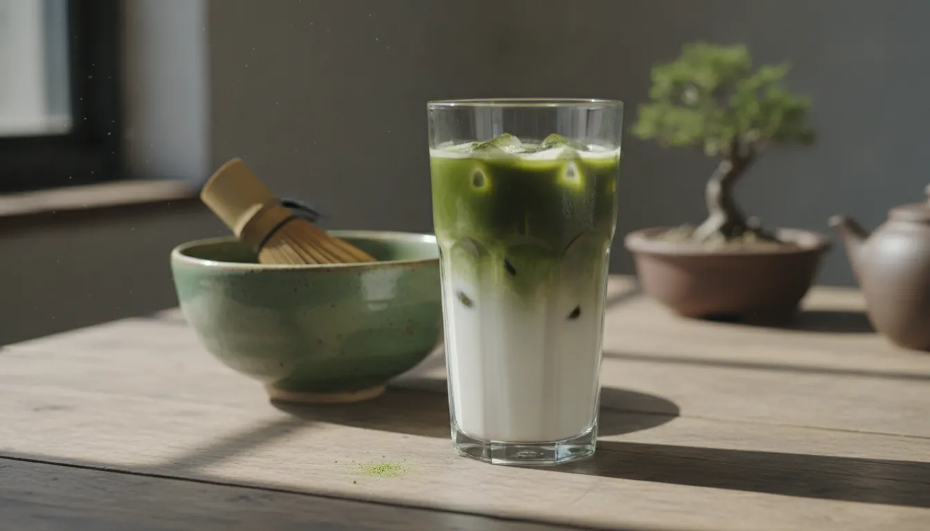 Glass of iced matcha latte with layered green and white presentation, bamboo whisk on wooden table