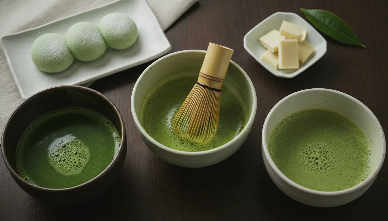 Three bowls of ceremonial-grade matcha in different grades on a dark wood table with mochi and white chocolate alongside a bamboo whisk.