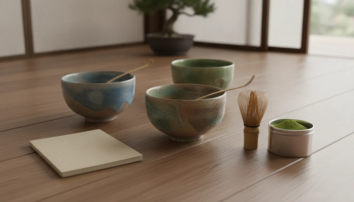 Traditional bowls, bamboo whisk, and tasting notes arranged for matcha tasting