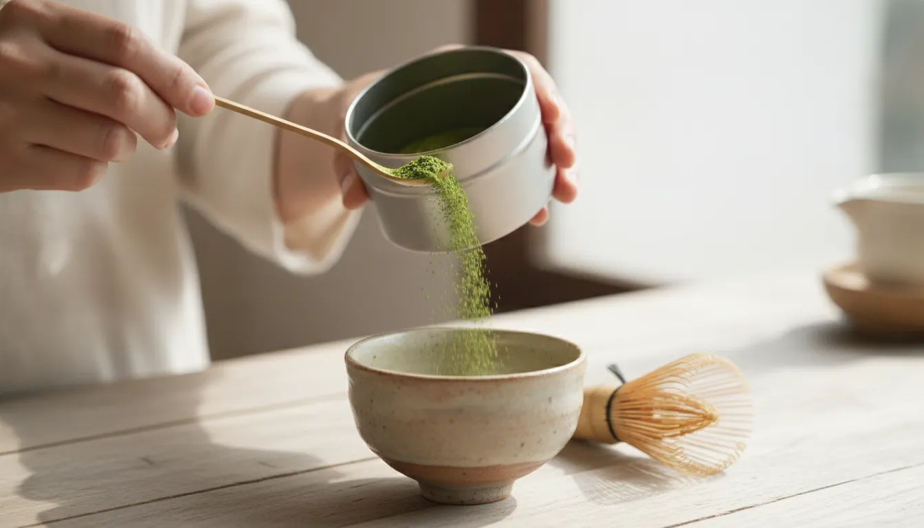 Scooping fresh matcha powder from a tin into a ceramic bowl before whisking