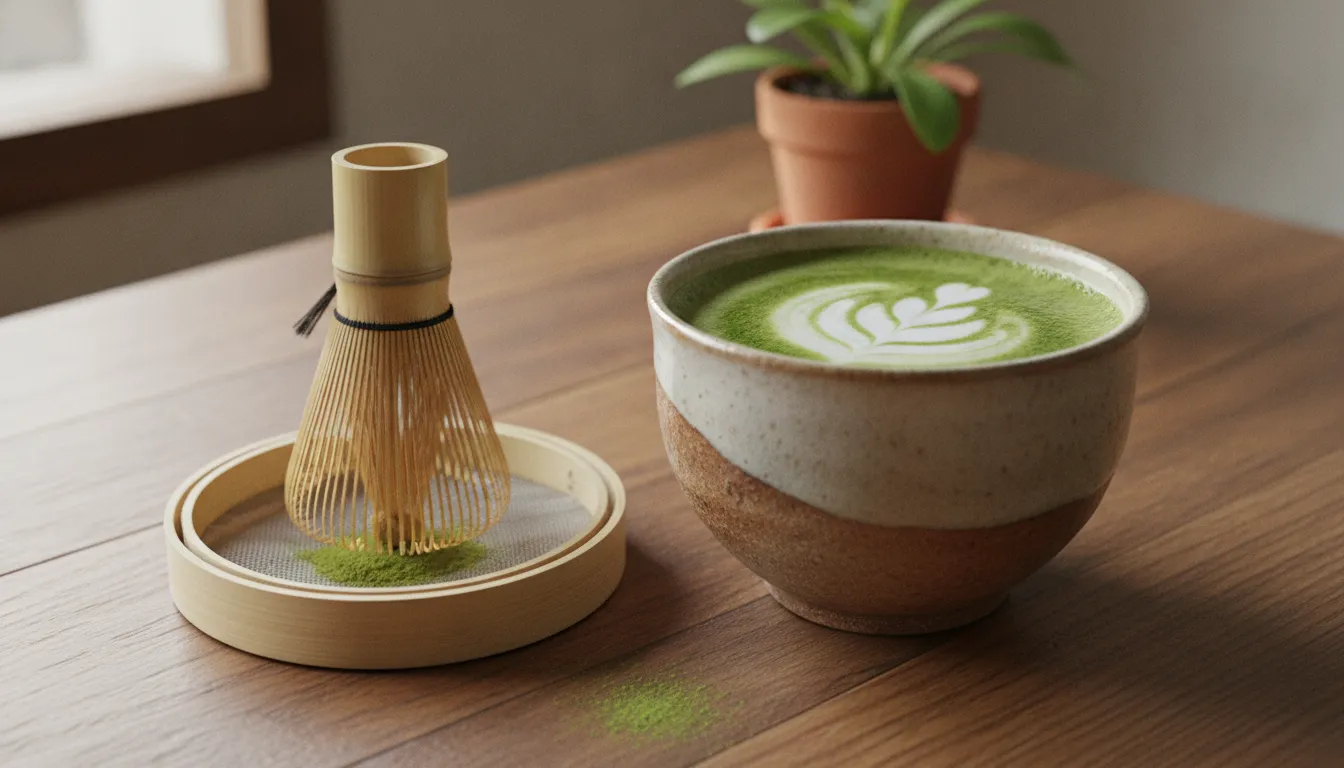 Bright green matcha latte in a ceramic cup beside a bamboo whisk on a wooden counter