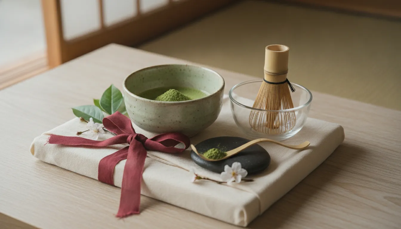 Japanese tea gifts featuring a matcha bowl and bamboo whisk