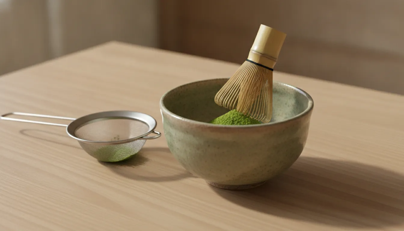 Bamboo whisk and tea bowl prepared for a traditional matcha ritual