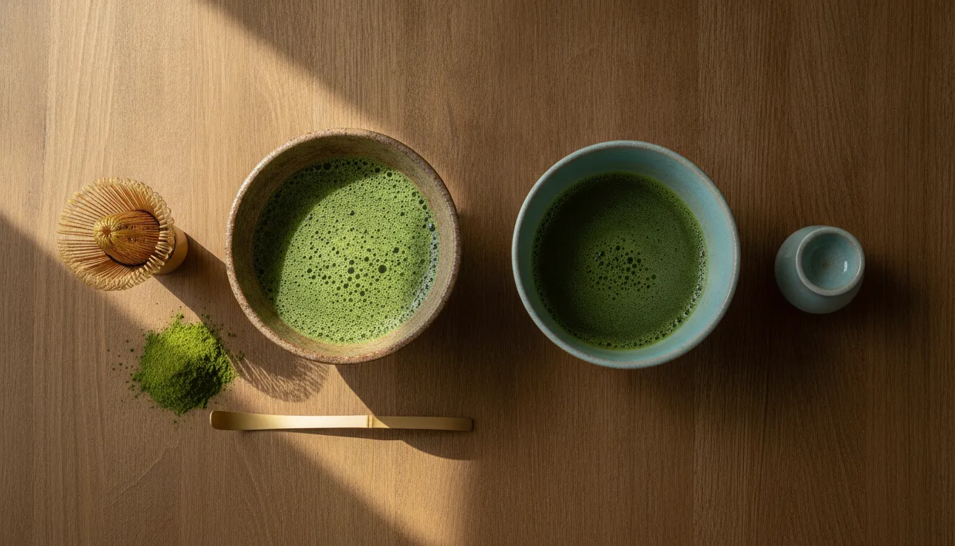 Bowls and traditional tools arranged for a matcha tasting