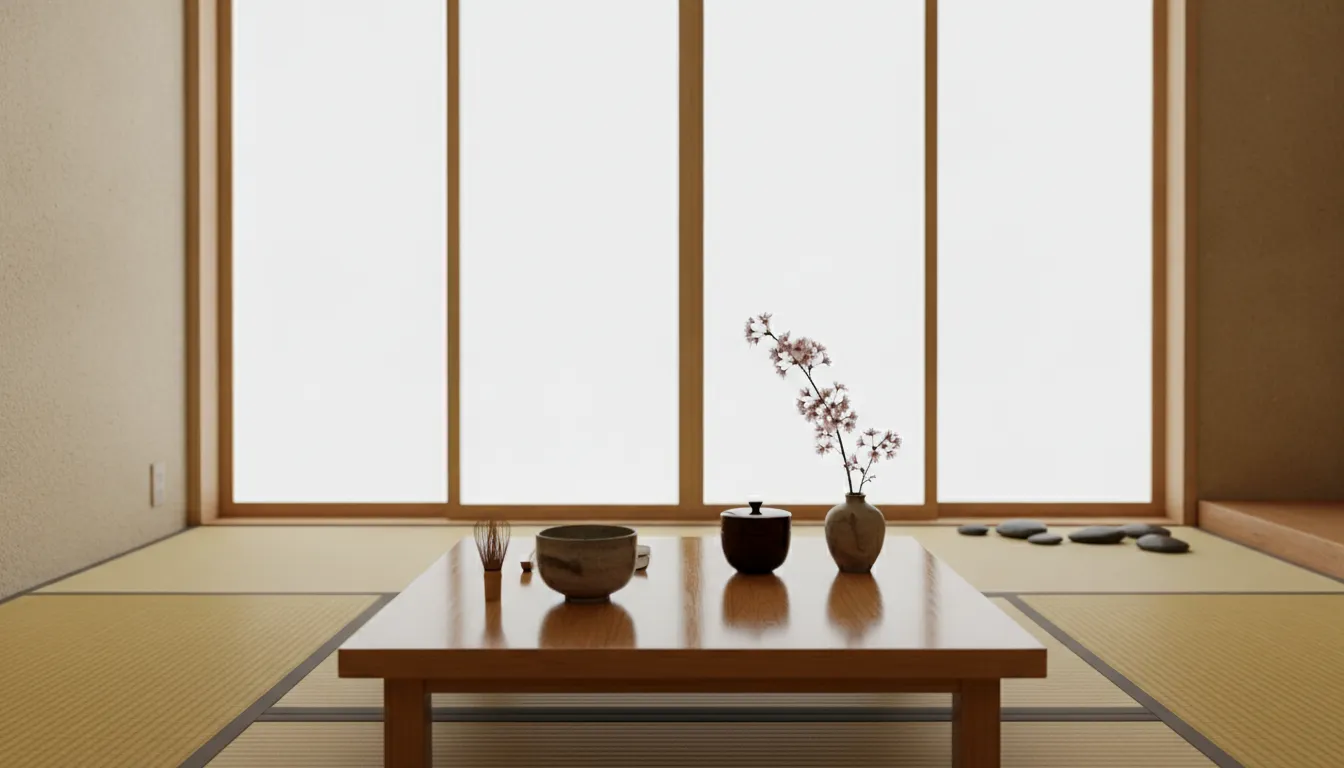 Serene Japanese tea room at Sorate's SoHo teahouse with a chawan and whisk set on tatami for a tea ceremony