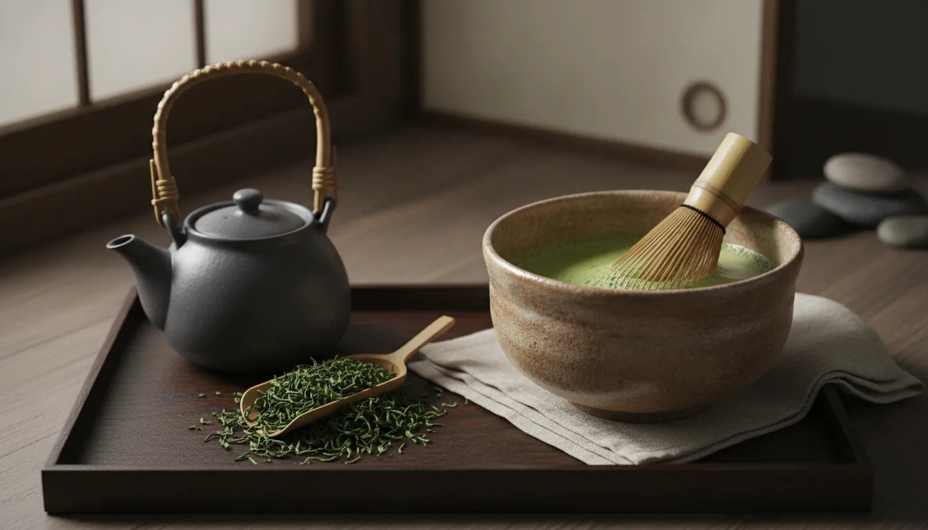 Sencha leaves and whisked matcha shown side by side