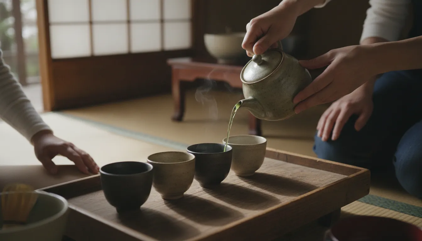 Teapot and cups arranged for a relaxed tea service with guests
