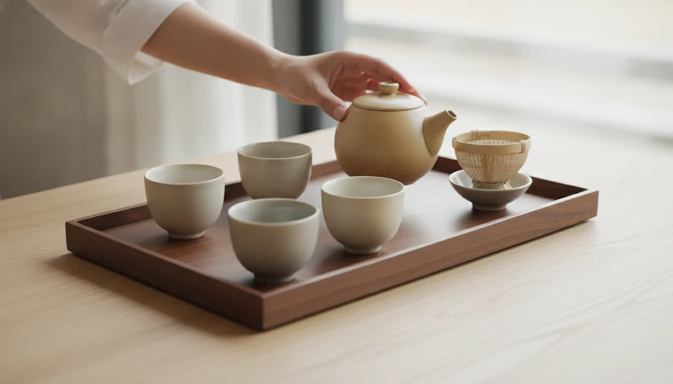Tea service set arranged with a tray and supporting pieces