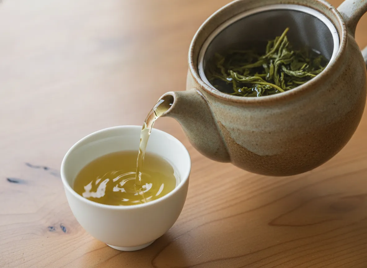 Tea pouring from a glazed Japanese teapot into a small cup