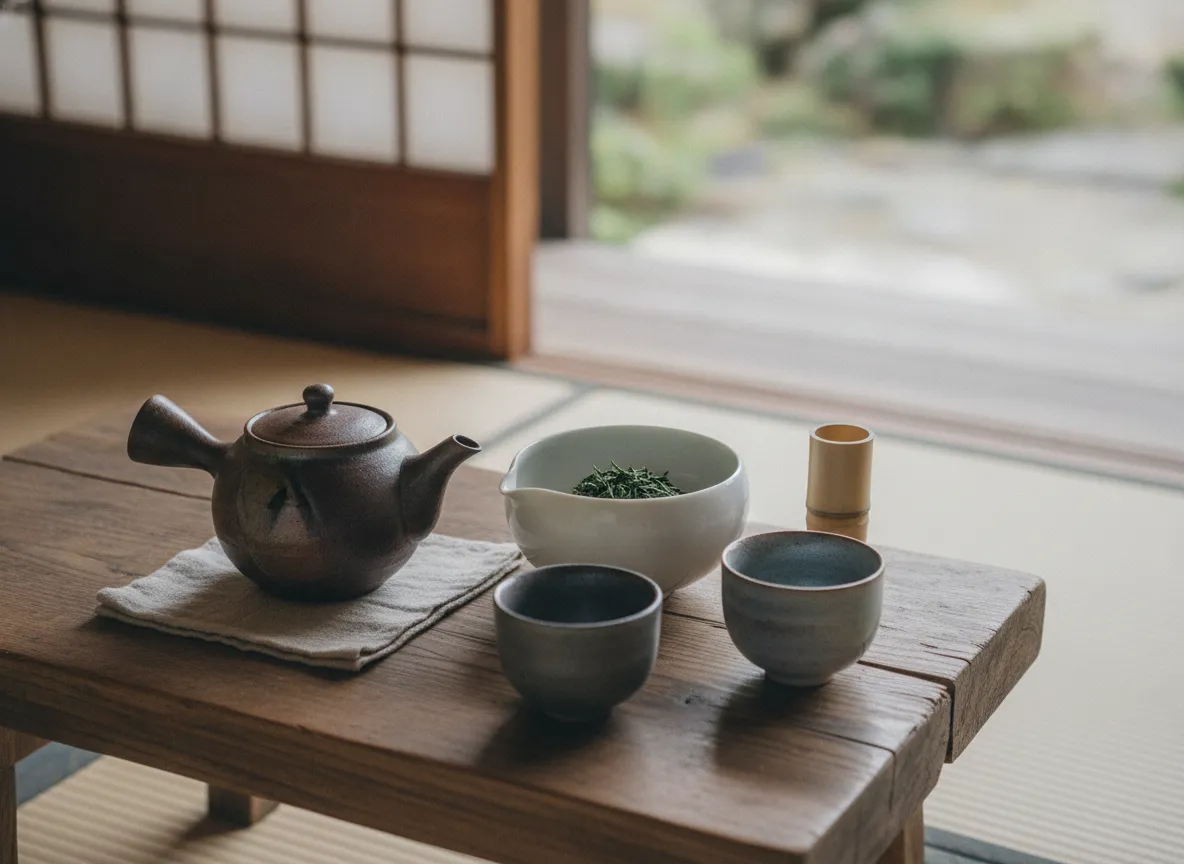 Japanese teapot forms arranged for a calm tea ritual