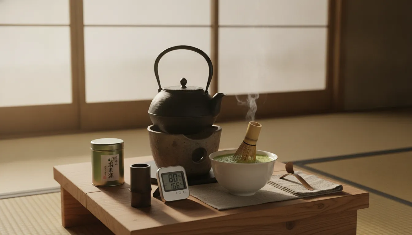 Thermometer and kettle used to control matcha water temperature