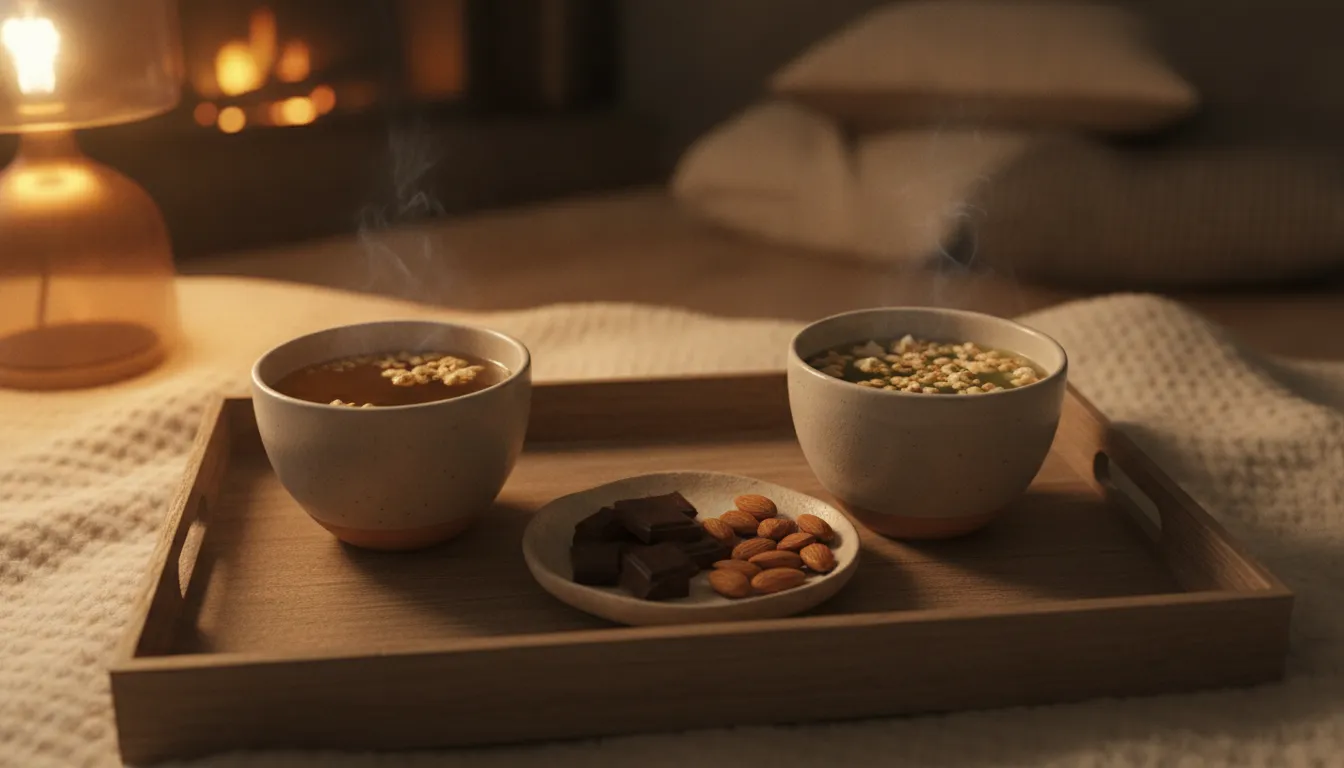 A ceramic cup of amber hojicha and a cup of genmaicha with roasted almonds and dark chocolate on a wooden tray in warm evening light.