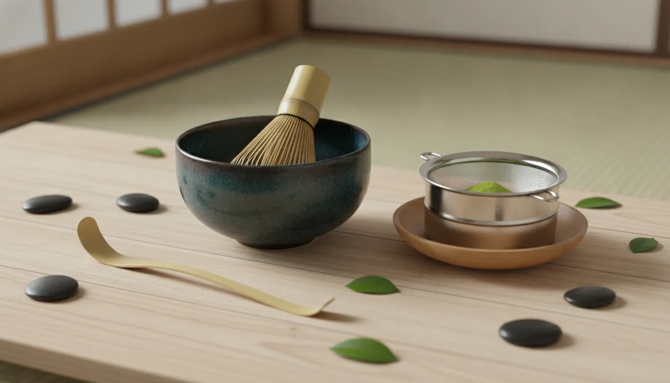 Traditional Japanese matcha tools arranged on wooden surface