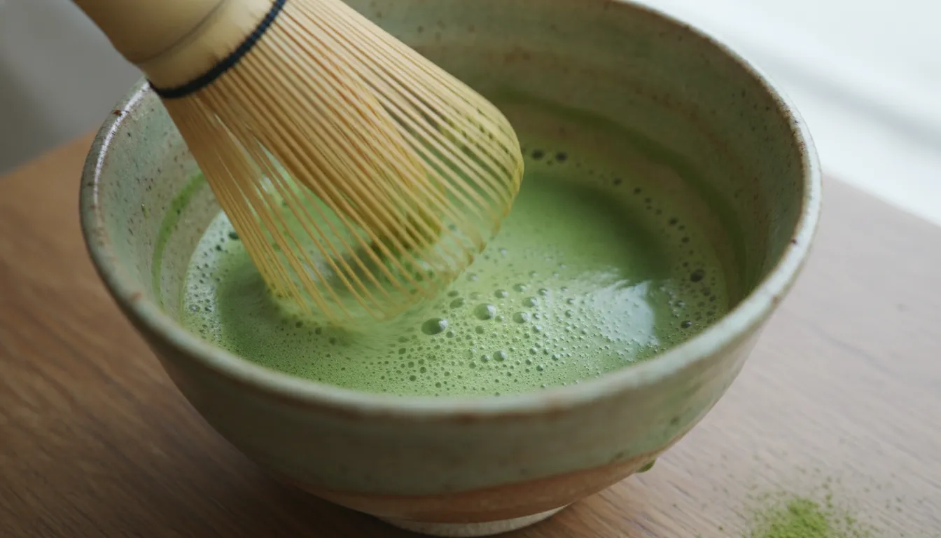 Close-up of bamboo whisk creating creamy matcha froth in ceramic bowl