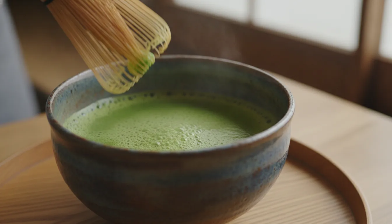 Ceremonial grade matcha powder being whisked with a bamboo chasen in a traditional ceramic bowl, producing bright green foam