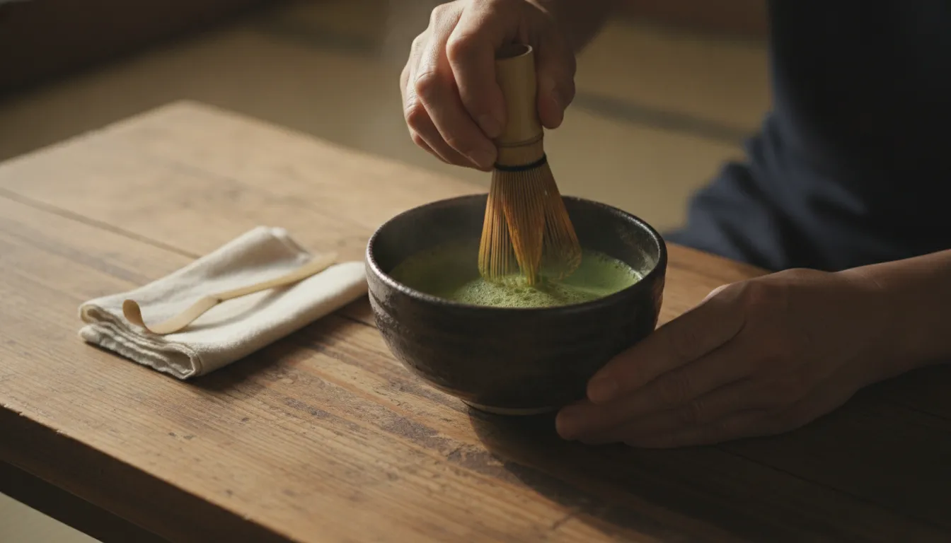Tea master whisking matcha with a bamboo whisk during a tea ceremony class in NYC