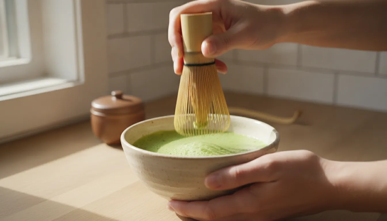 Whisking matcha into a creamy froth with a bamboo whisk before making iced matcha