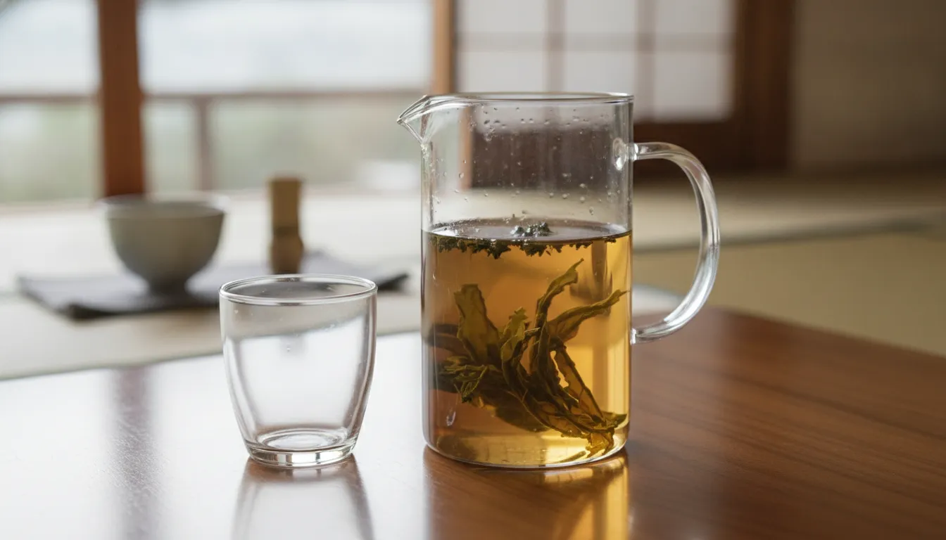 Cold brew green tea leaves steeping in a glass pitcher