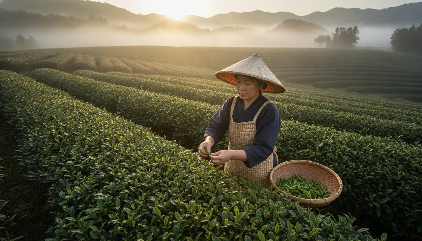 Hand-picking tea leaves in spring, illustrating ichibancha meaning