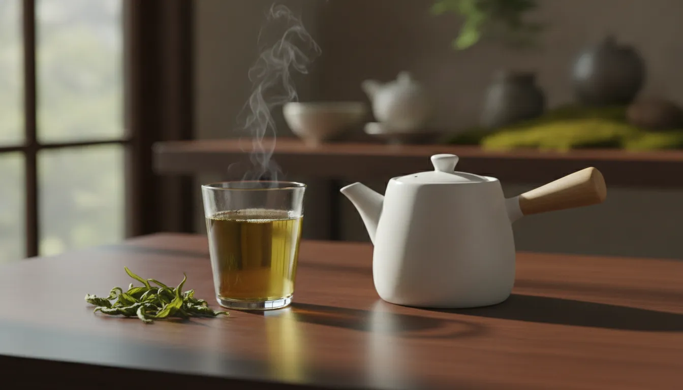A brewed cup of first-harvest Japanese tea