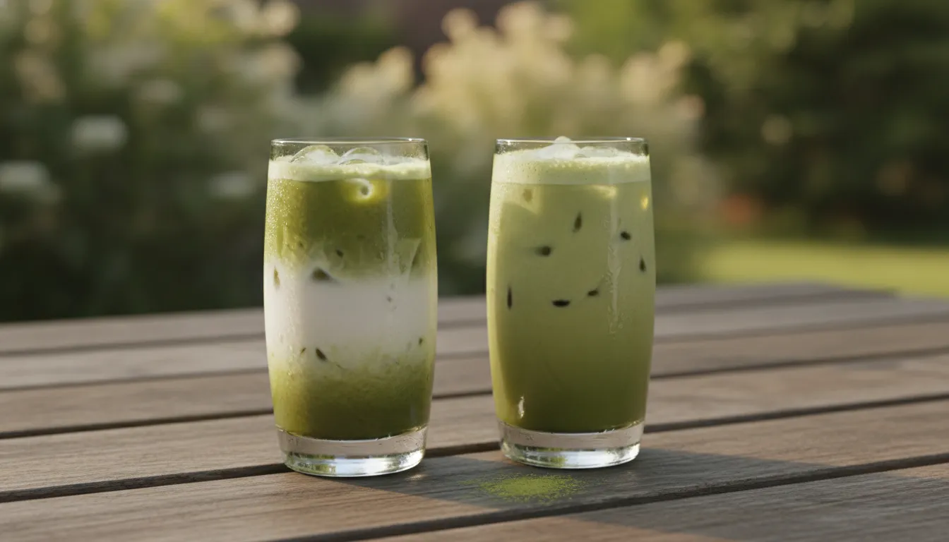 Two cool glasses of iced matcha with milk and ice, a simple iced matcha latte to make at home