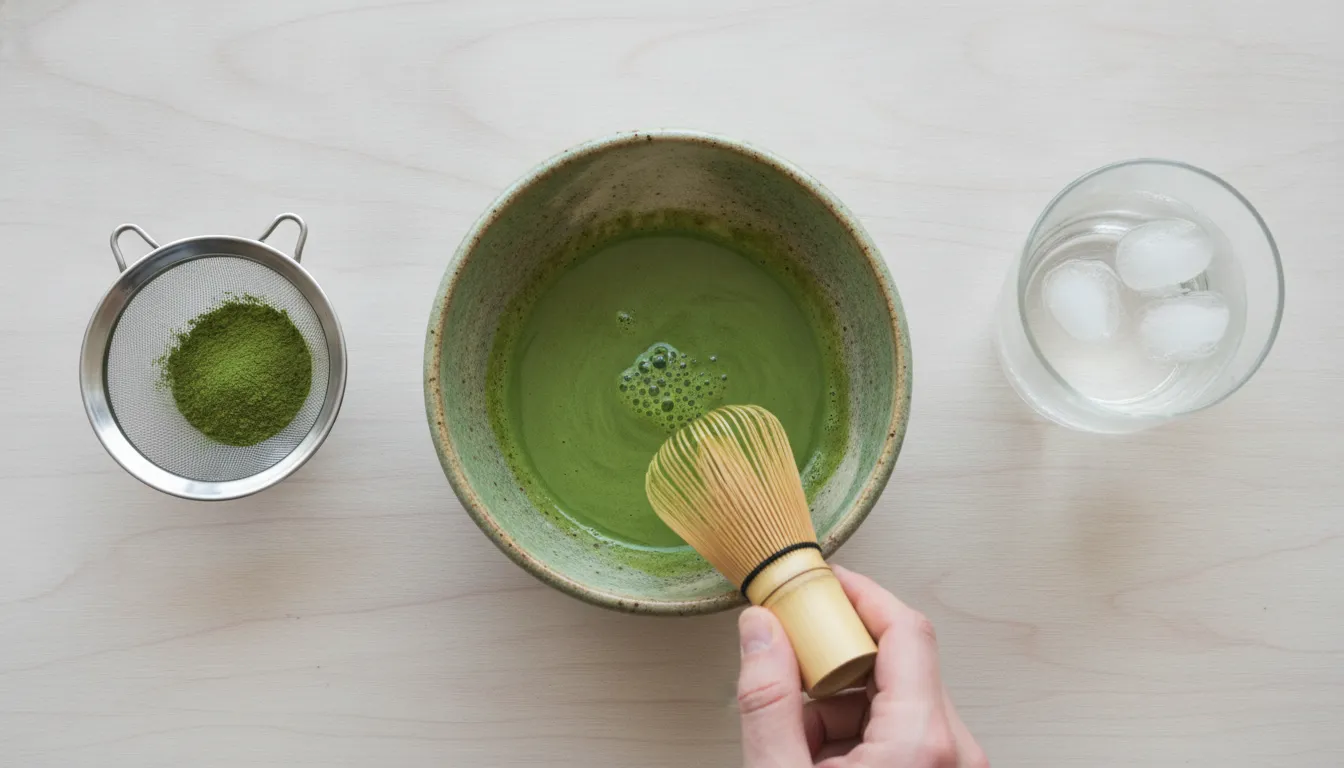 Cold brew matcha powder and bamboo whisk for preparing ceremonial matcha