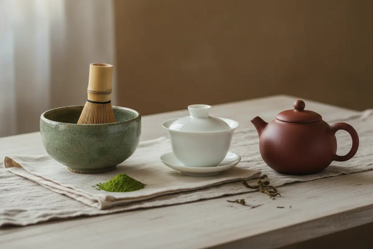 Japanese matcha bowl and bamboo whisk beside a Chinese gaiwan and small teapot