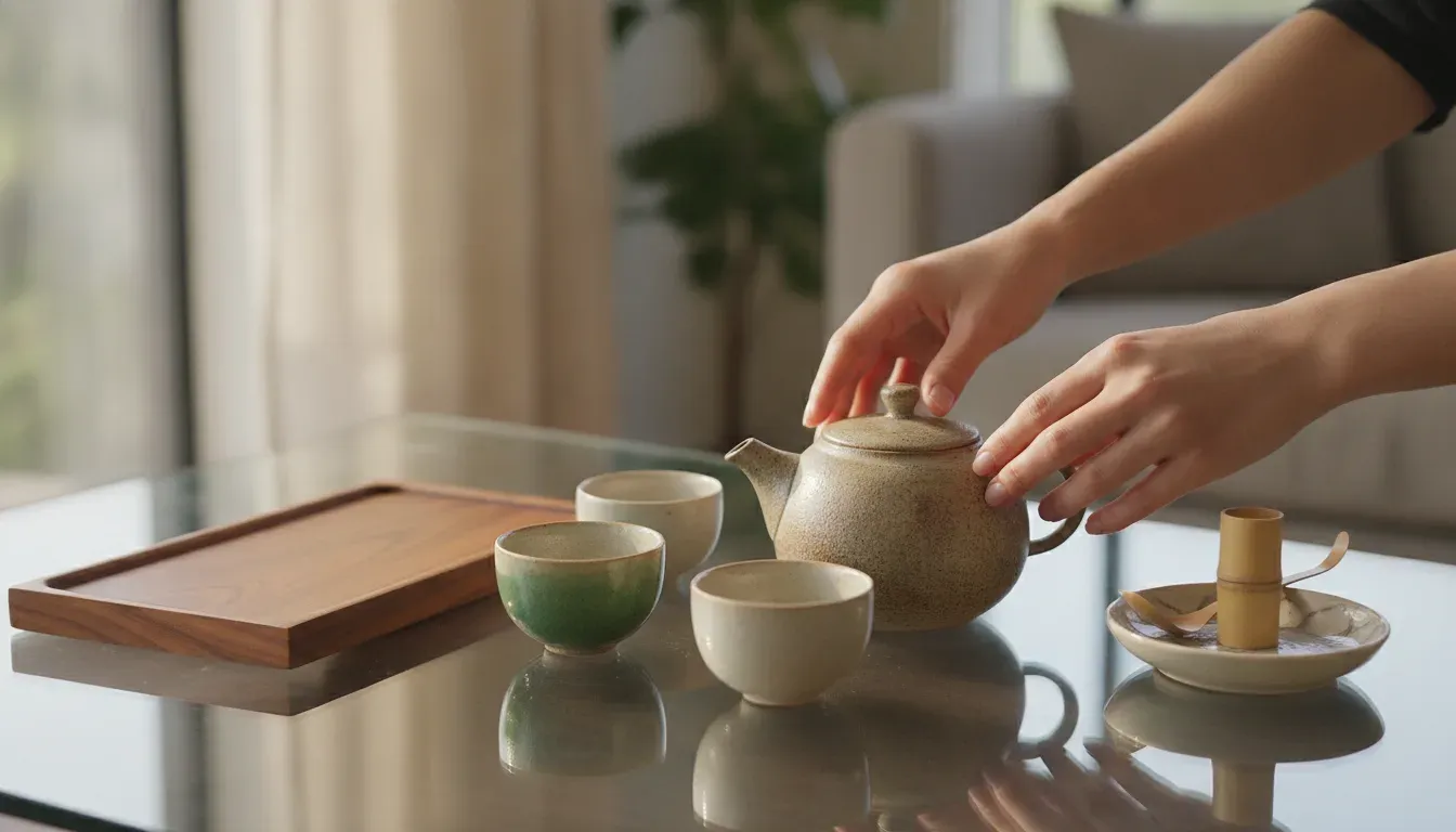 Hands arranging a Japanese tea set with a teapot, yunomi cups, tray, and small accessories